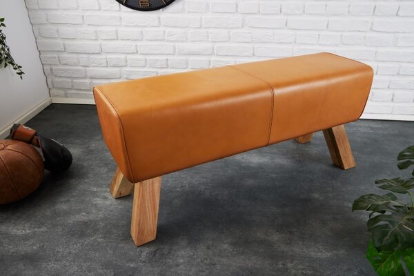 Designová lavice Sodor z pravé kůže v koňakové hnědé barvě s dřevěnýma nohama 100cm