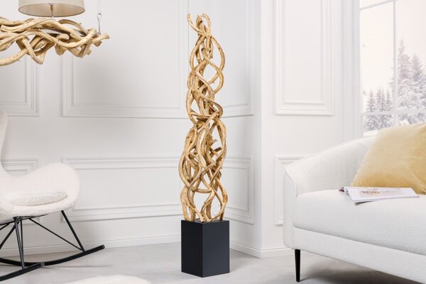 Moderní exotická stojací lampa Nathany z přírodně hnědého dřeva s černým dřevěným podstavcem 151cm