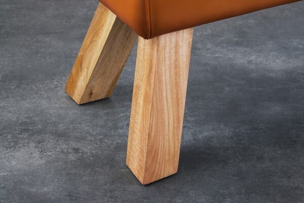 Designová lavice Sodor z pravé kůže v koňakové hnědé barvě s dřevěnýma nohama 100cm