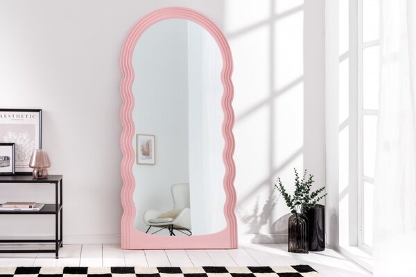 Art deco moderní vysoké zrcadlo Swan s vlnitým rámem v pastelové růžové barvě 160cm