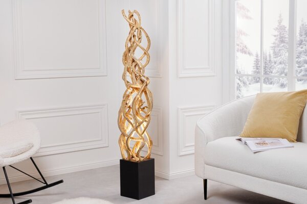 Moderní exotická stojací lampa Nathany z přírodně hnědého dřeva s černým dřevěným podstavcem 151cm