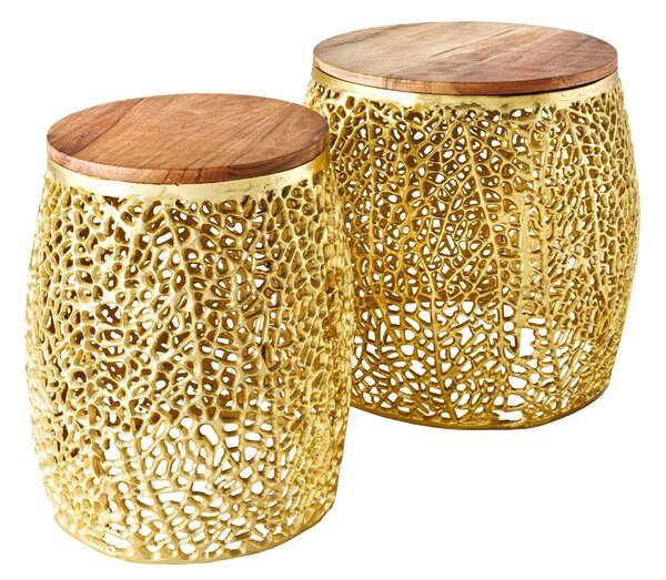 Designový set dvou konferenčních stolků Hoja s kovovou zlatou konstrukcí a kulatou dřevěnou deskou 46 cm