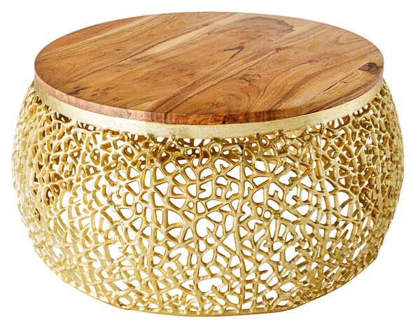 Designový kulatý konferenční stolek Hoja se zlatou kovovou konstrukcí a hnědou masivní deskou 75cm
