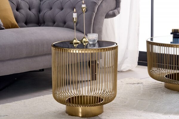 Art deco designový konferenční stolek Esme se zlatou konstrukcí a kulatou černou deskou ze skla 40cm
