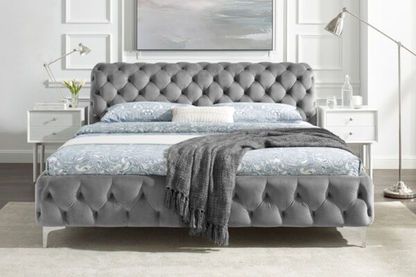 Chesterfield čalouněná manželská postel Modern Barock s šedým sametovým potahem 160x200