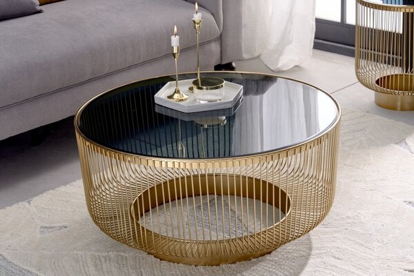 Art deco kulatý konferenční stolek Esme se zlatou kovovou konstrukcí a černou skleněnou deskou 80cm