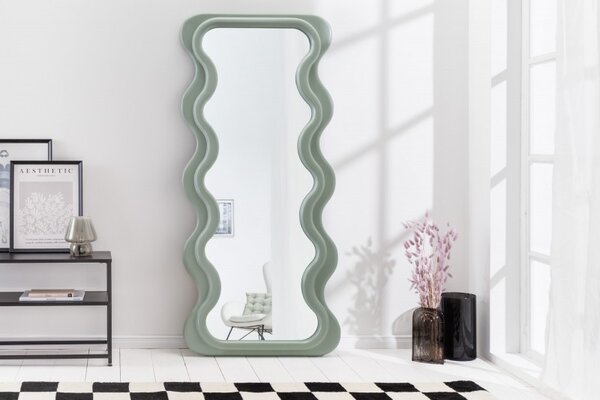 Art deco moderní vysoké zrcadlo Swan s vlnitým rámem v pastelové zelené barvě 160cm