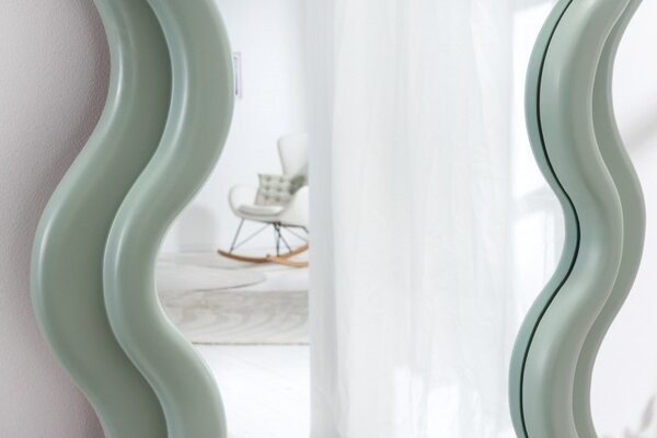 Art deco moderní vysoké zrcadlo Swan s vlnitým rámem v pastelové zelené barvě 160cm