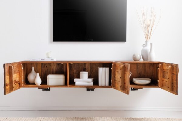 Masivní designový nástěnný TV stolek Cumbria se třemi dvířky s reliéfním zdobením v přírodní hnědé barvě 160 cm