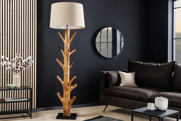Etno stylová stojací lampa Nature s hnědou masivní podstavou a bílým stínítkem 175cm