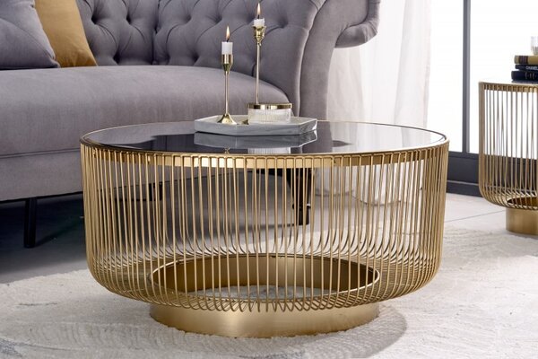 Art deco kulatý konferenční stolek Esme se zlatou kovovou konstrukcí a černou skleněnou deskou 80cm