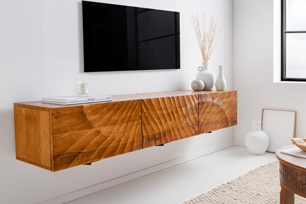 Masivní designový nástěnný TV stolek Cumbria se třemi dvířky s reliéfním zdobením v přírodní hnědé barvě 160 cm