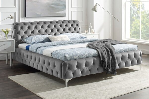 Chesterfield čalouněná manželská postel Modern Barock s šedým sametovým potahem 160x200