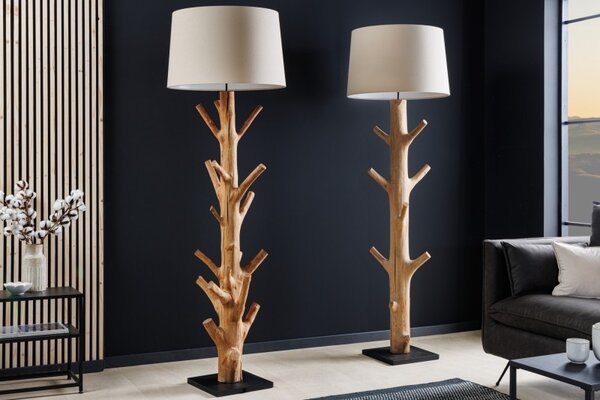 Etno stylová stojací lampa Nature s hnědou masivní podstavou a bílým stínítkem 175cm