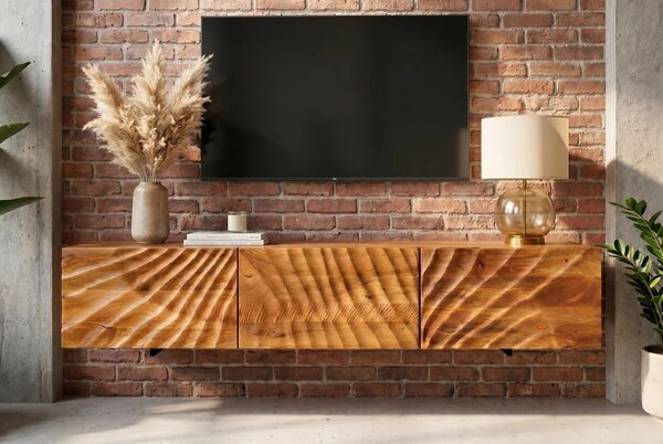 Masivní designový nástěnný TV stolek Cumbria se třemi dvířky s reliéfním zdobením v přírodní hnědé barvě 160 cm