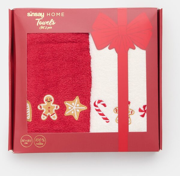 Sinsay - Bavlněné vánoční ručníky s perníčky a sladkostmi 2 pack - červená