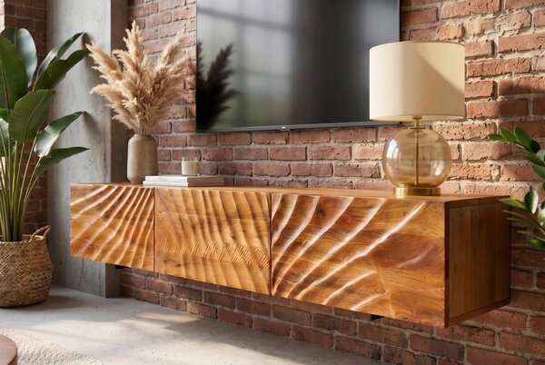 Masivní designový nástěnný TV stolek Cumbria se třemi dvířky s reliéfním zdobením v přírodní hnědé barvě 160 cm