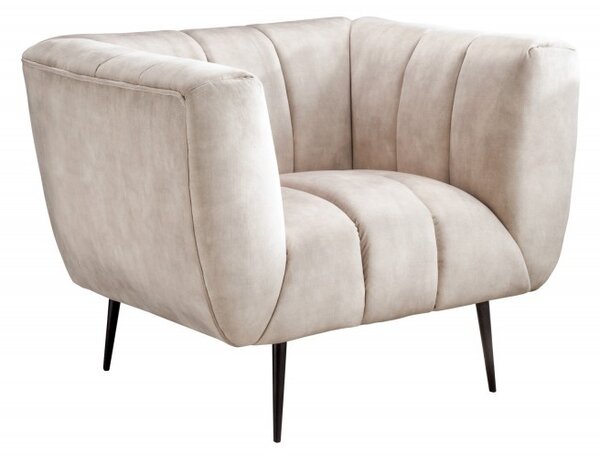 Art deco moderní křeslo Vermont v krémovém champagnu čalounění na černých nožičkách 106cm