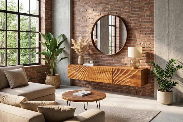 Masivní designový nástěnný TV stolek Cumbria se třemi dvířky s reliéfním zdobením v přírodní hnědé barvě 160 cm