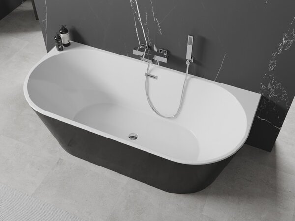 Mexen Oval, volně stojící nástěnná vana 150 x 75 cm, bílá-černá, chromový přepad, 52671507575-01
