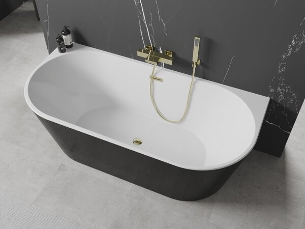 Mexen Oval, volně stojící nástěnná vana 150 x 75 cm, bílá-černá, zlatý lesklý přepad, 52671507575-50