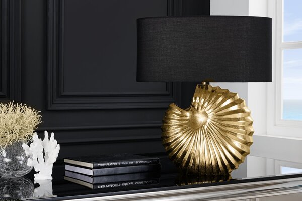 Designová stolní lampa Alexa v art deco stylu se zlatou podstavou a černým kulatým stínítkem 63cm