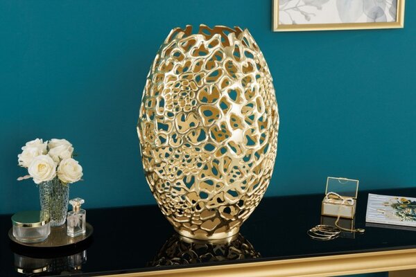 Dizajnová art deco váza Hoja zlatej farby s konštrukciou z kovu 50cm