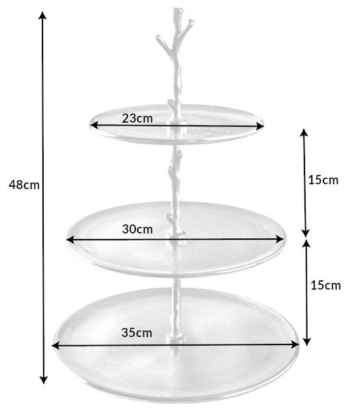 Designový tříúrovňový etažér na zákusky Evana stříbrné barvy 48cm