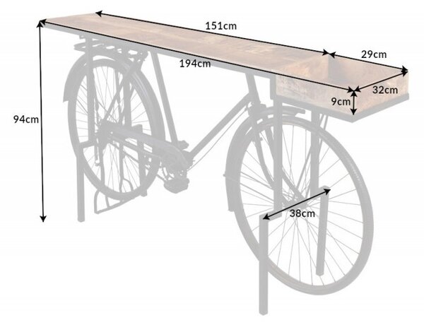Industriální designový barový pult Bicycle s masivní deskou a černou podstavou s koly 194cm