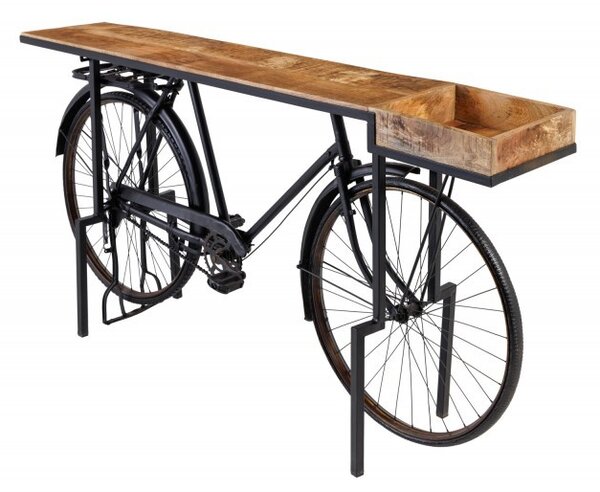 Industriální designový barový pult Bicycle s masivní deskou a černou podstavou s koly 194cm