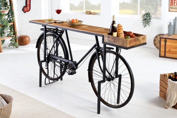 Industriální designový barový pult Bicycle s masivní deskou a černou podstavou s koly 194cm