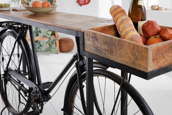 Industriální designový barový pult Bicycle s masivní deskou a černou podstavou s koly 194cm