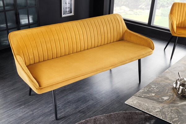 Moderní stylová lavice Vittel se žlutým čalouněním a černými kovovými nožičkami 160cm