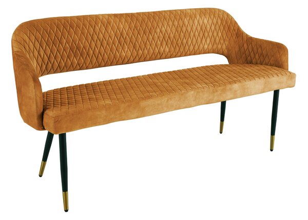 Designová čalouněná art deco lavice Fribourg s asymetrickými nožičkami zlatá žlutá 162 cm