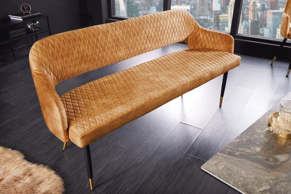 Designová čalouněná art deco lavice Fribourg s asymetrickými nožičkami zlatá žlutá 162 cm