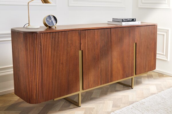 Luxusní Art-deco příborník Gatsby z mangového dřeva se zlatými nožičkami hnědý 160 cm