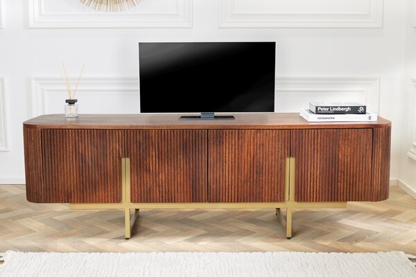 Luxusní art-deco TV stolek Gatsby z mangového dřeva se zlatými detaily hnědý 160 cm