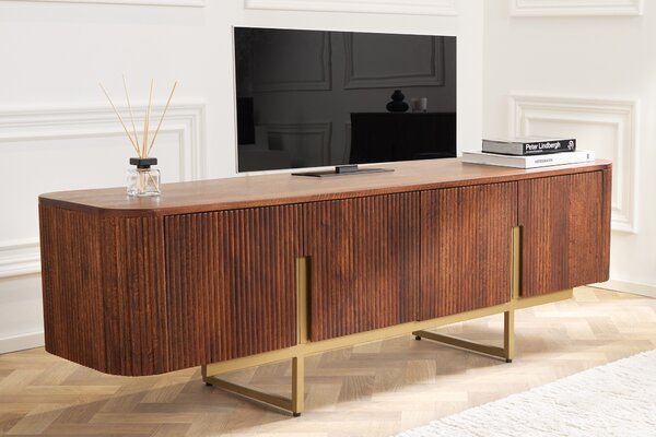 Luxusní art-deco TV stolek Gatsby z mangového dřeva se zlatými detaily hnědý 160 cm