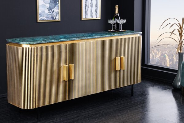 Luxusní art deco příborník Marmolla Verde s mramorovou deskou zlatý 160 cm