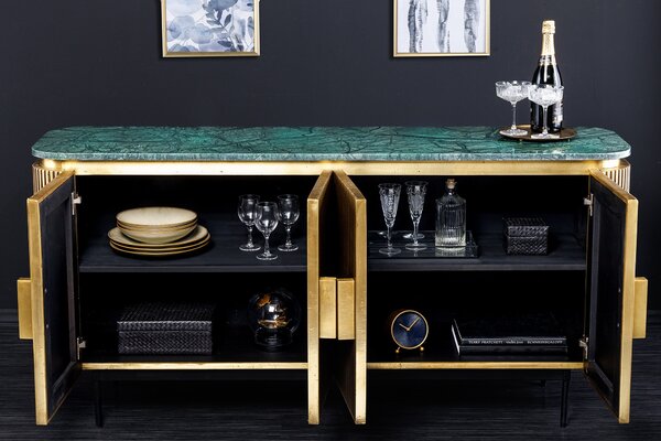 Luxusní art deco příborník Marmolla Verde s mramorovou deskou zlatý 160 cm