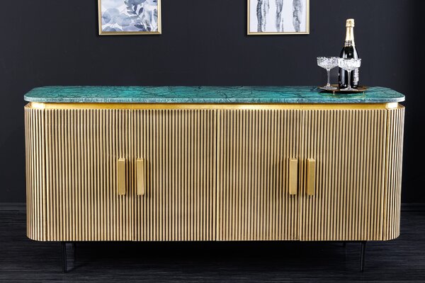 Luxusní art deco příborník Marmolla Verde s mramorovou deskou zlatý 160 cm