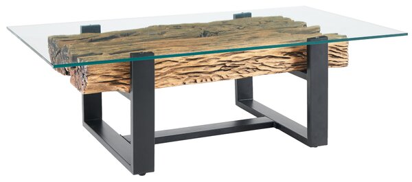Industriální konferenční stolek Barracuda se skleněnou deskou a detailem z teakového dřeva 130 cm