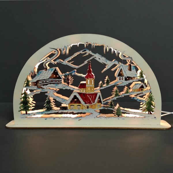 AMADEA Dřevěný svítící portál s motivem vesničky, barevný, 38 cm