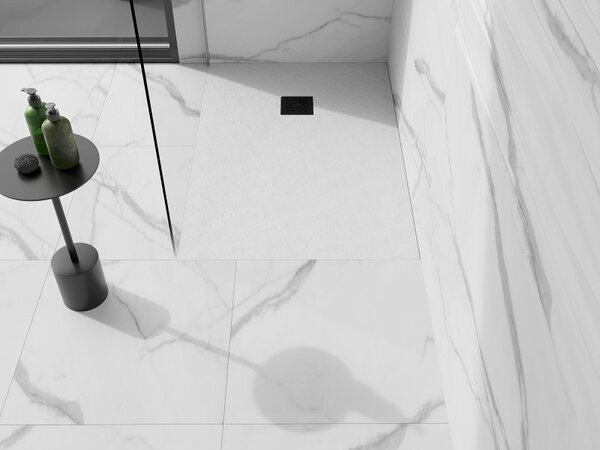 Mexen Stone+, obdélníková vanička z minerálního kompozitu 140 x 70 cm, bílá, černá krytka, 44107014-B