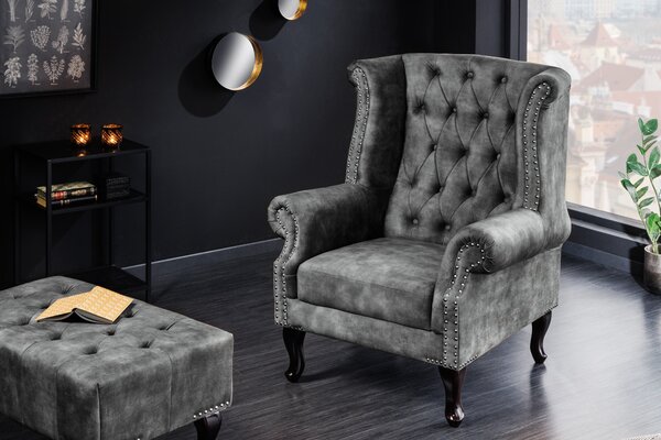 Vintage taburetka Marlon s šedým sametovým čalouněním s chesterfield prošíváním a masivními vyřezávanými nožičkami 80cm