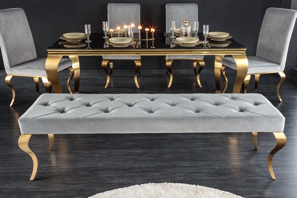 Luxusní lavice Modern Barock s šedým chesterfield čalouněním a se zlatými kovovými nožičkami 172cm