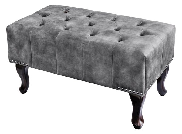Vintage taburetka Marlon s šedým sametovým čalouněním s chesterfield prošíváním a masivními vyřezávanými nožičkami 80cm