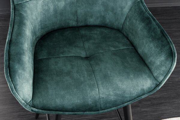 Designová glamour barová židle Rufus s modrozeleným sametovým potahem a černou kovovou konstrukcí 100cm
