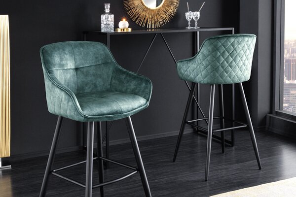Designová glamour barová židle Rufus s modrozeleným sametovým potahem a černou kovovou konstrukcí 100cm