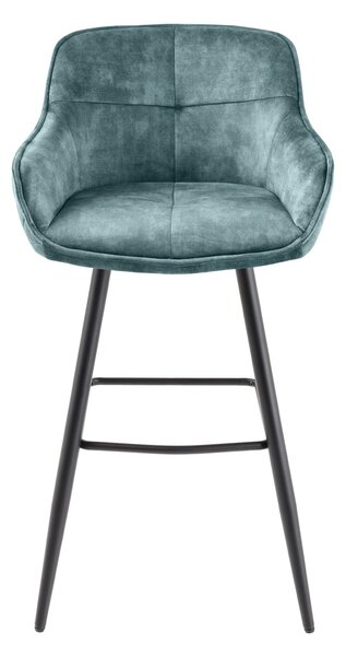 Designová glamour barová židle Rufus s modrozeleným sametovým potahem a černou kovovou konstrukcí 100cm
